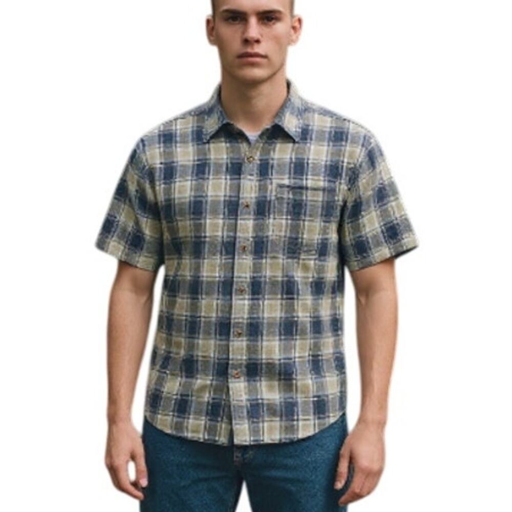 Redhead Vintage Blue Plaid Seersucker Button Front Short Sleeve Shirt Medium